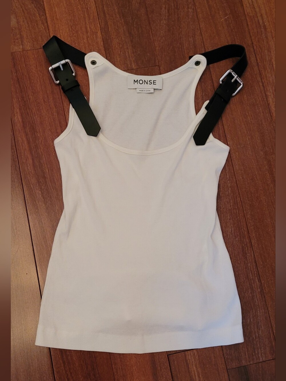 MONSE White Ribbed Tank with Black Buckle Straps Size S
